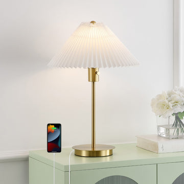 Freida 21.25" Modern Glam Metal Column LED Table Lamp with USB Charging Port and Pleated Shade - JONATHAN Y